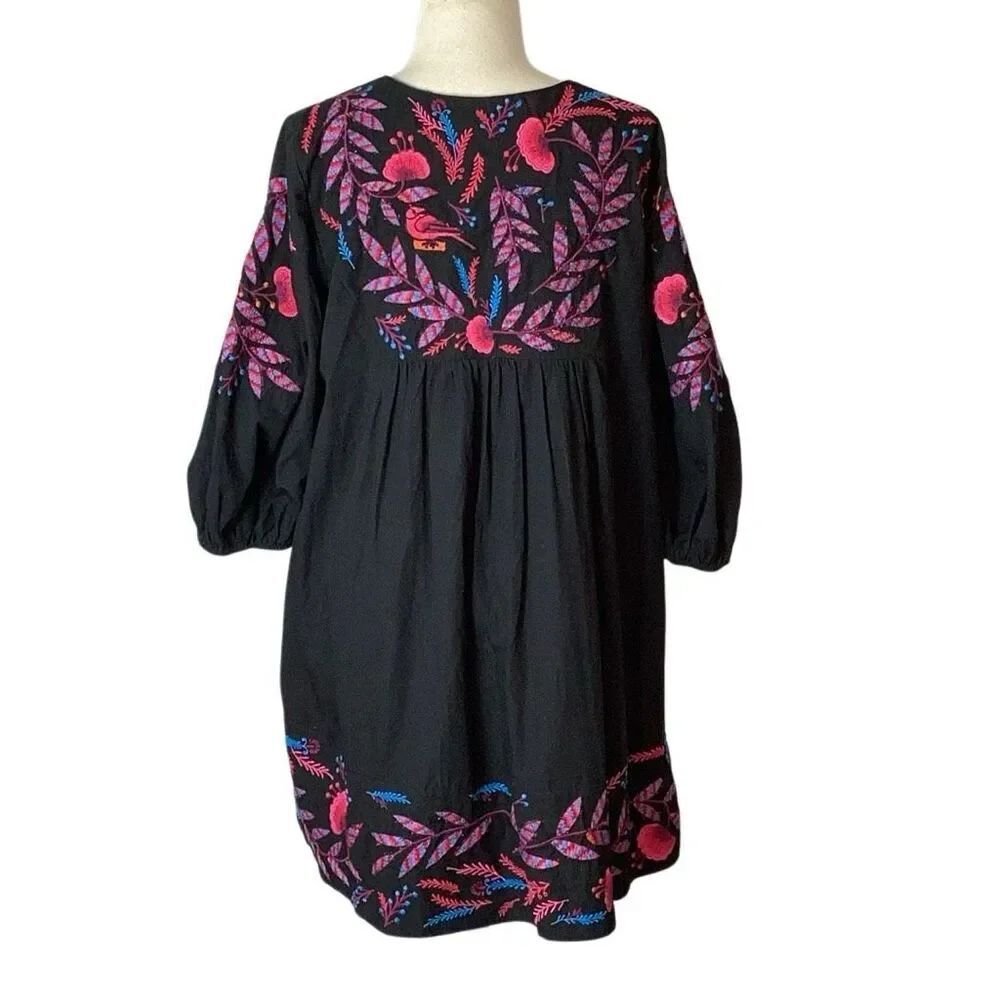 Maeve Anthropologie Embroidered Bird Floral Boho Tunic Dress Black Large - Picture 3 of 11